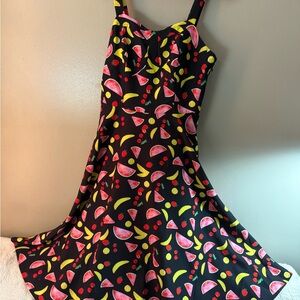Belle Poque Vintage Style Fruit Print Black Dress Size Medium